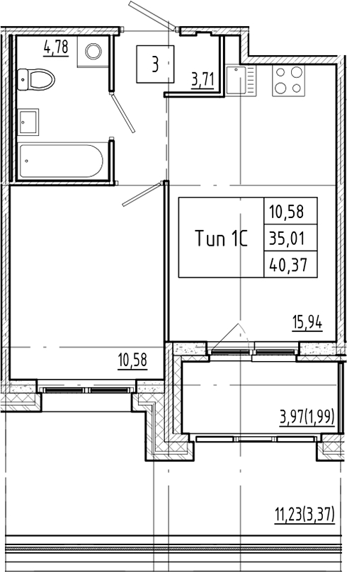 1-комнатная квартира 40.37 м², 2/4 эт., ЖК «Ranta Residence»